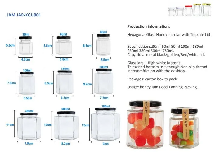 Round, Square, Hexagon Shape Glass Food Packaging Jars, Honey Jar with Metal/ Plastic Lids for Packaging Honey, Jam Jars